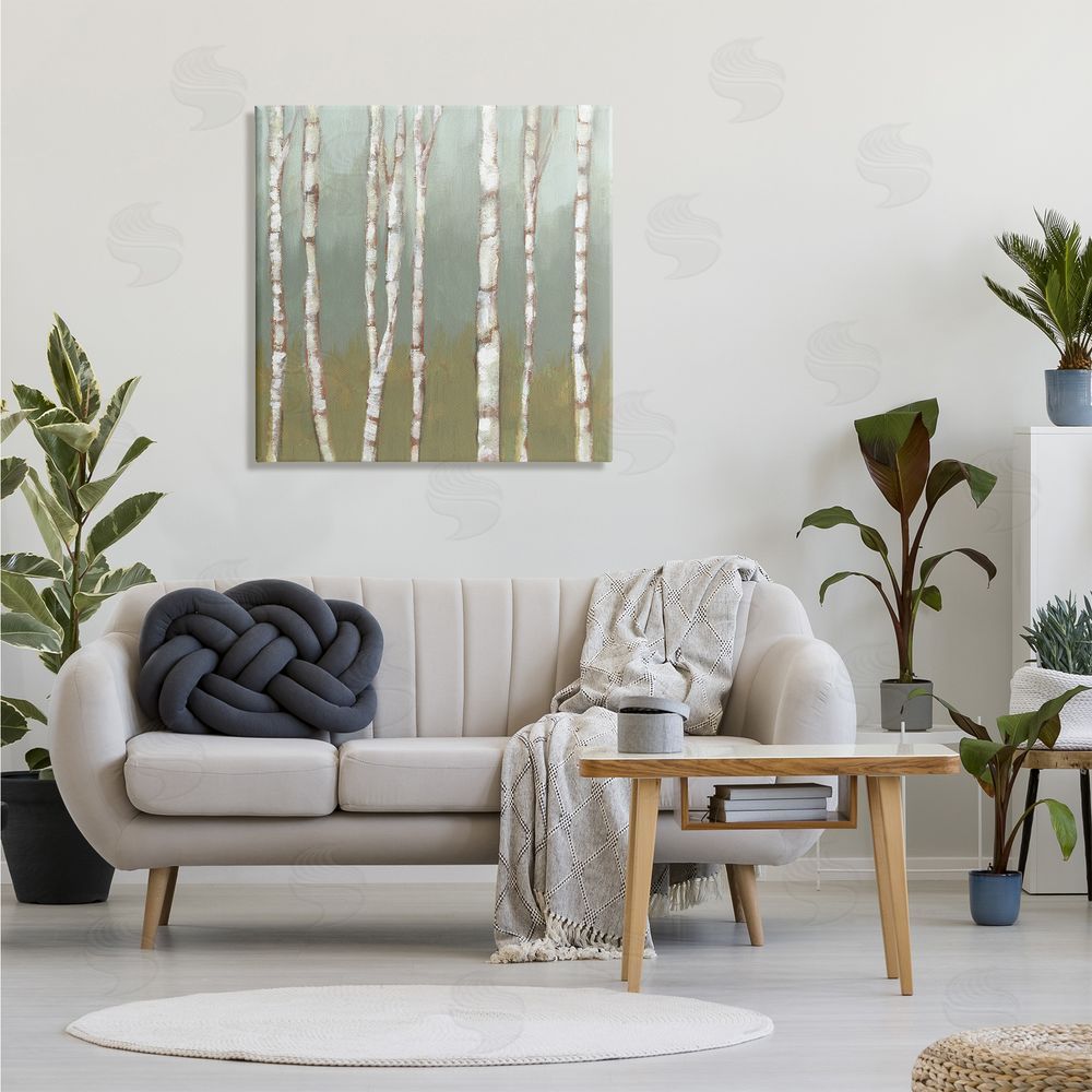 Jennifer Goldberger Contemporary Birch Tree Forest Striped White Bark Painting Canvas Wall Art in Room