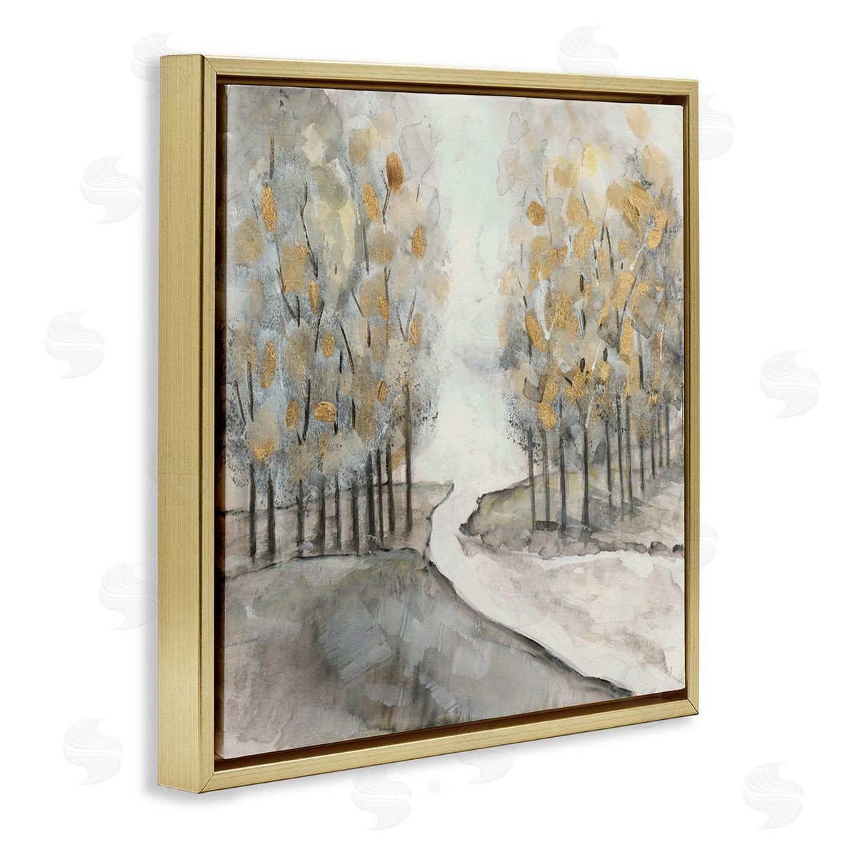 Susan Jill River Between Tree Forests Abstract Watercolor Landscape Painting Gold Floating Frame Canvas Wall Art Print