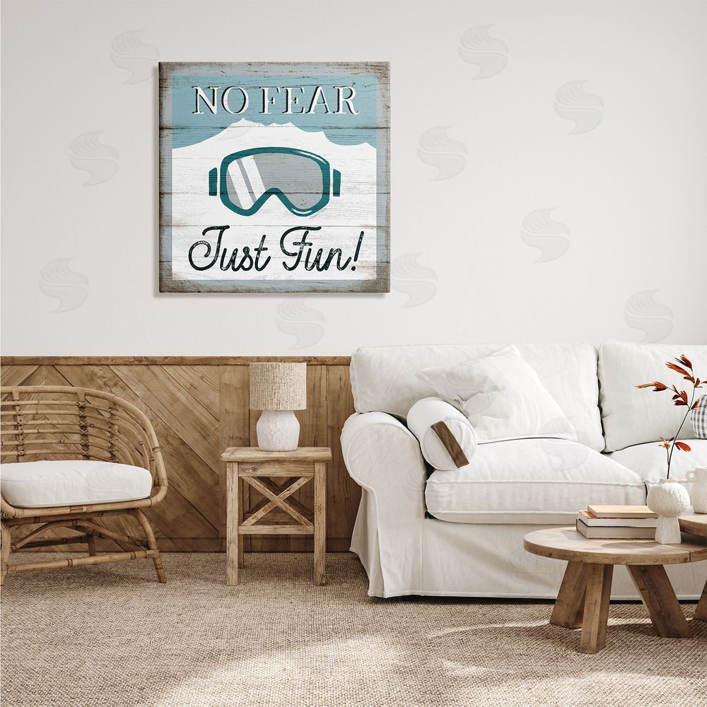 Elizabeth Tyndall No Fear Just Fun Phrase Blue Ski Goggles Canvas Wall Art in Room