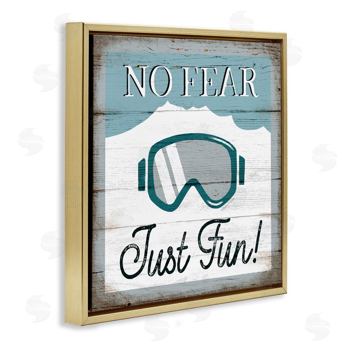 Elizabeth Tyndall No Fear Just Fun Phrase Blue Ski Goggles Gold Floating Frame Canvas Wall Art Print