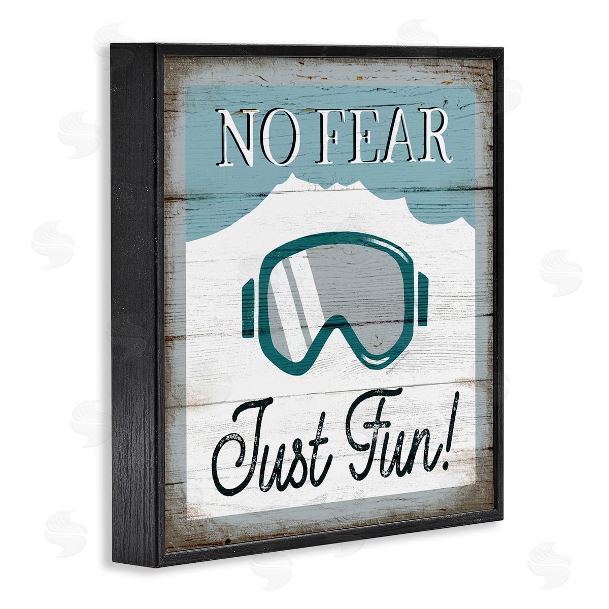 Elizabeth Tyndall No Fear Just Fun Phrase Blue Ski Goggles Black Framed Glicee Wall Art Print