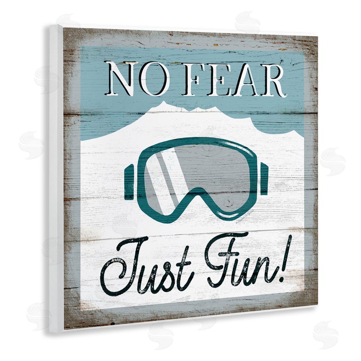 Elizabeth Tyndall No Fear Just Fun Phrase Blue Ski Goggles Wooden Wall Plaque Art Print