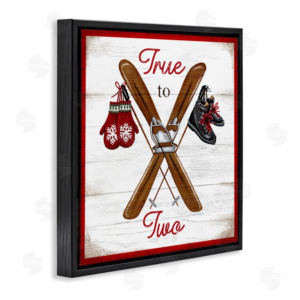 Elizabeth Tyndall True to Two Ski Motivational Phrase Red Mittens Black Floating Frame Canvas Wall Art Print