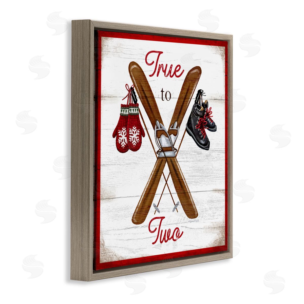 Elizabeth Tyndall True to Two Ski Motivational Phrase Red Mittens Brown Floating Frame Canvas Wall Art Print
