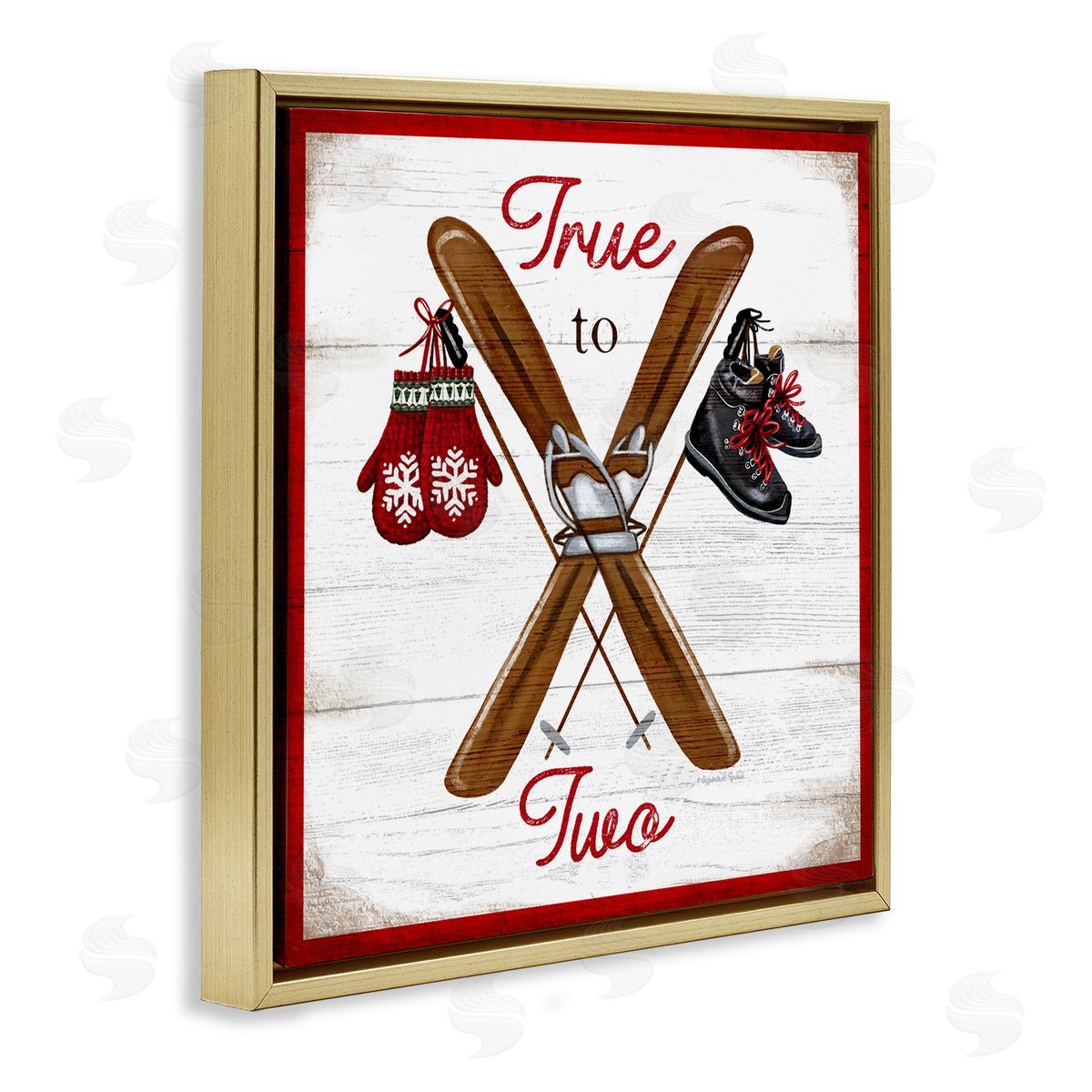 Elizabeth Tyndall True to Two Ski Motivational Phrase Red Mittens Gold Floating Frame Canvas Wall Art Print