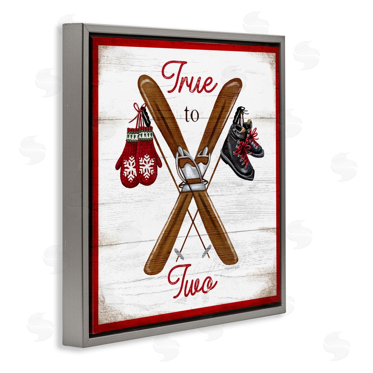 Elizabeth Tyndall True to Two Ski Motivational Phrase Red Mittens Gray Floating Frame Canvas Wall Art Print
