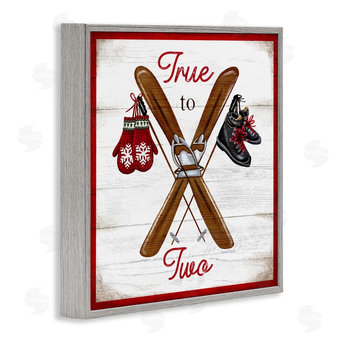 Elizabeth Tyndall True to Two Ski Motivational Phrase Red Mittens Gray Framed Glicee Wall Art Print