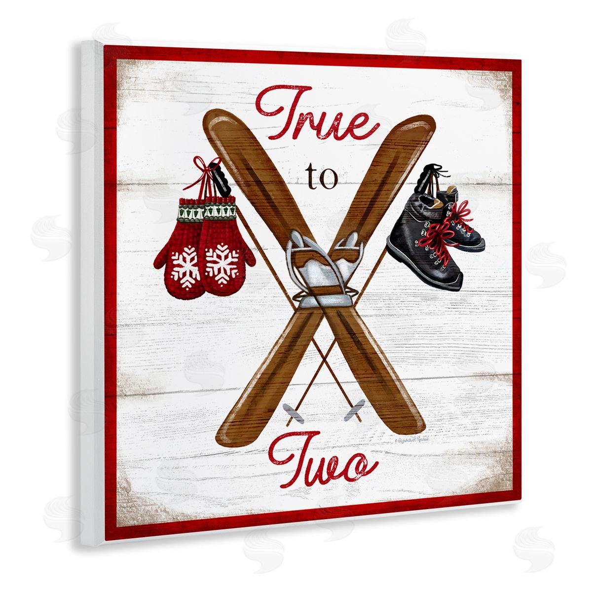 Elizabeth Tyndall True to Two Ski Motivational Phrase Red Mittens Wooden Wall Plaque Art Print