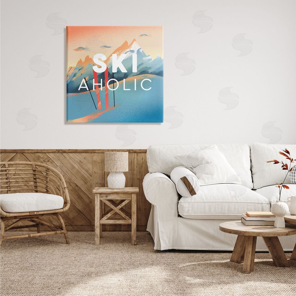 Ziwei Li Ski-Aholic Phrase Sunset Snowy Blue Mountains Winter Sport Canvas Wall Art in Room