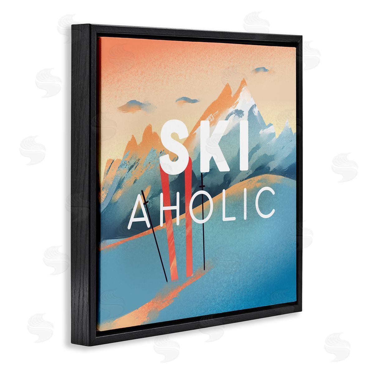 Ziwei Li Ski-Aholic Phrase Sunset Snowy Blue Mountains Winter Sport Black Floating Frame Canvas Wall Art Print