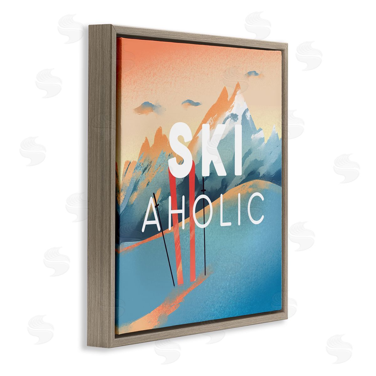Ziwei Li Ski-Aholic Phrase Sunset Snowy Blue Mountains Winter Sport Brown Floating Frame Canvas Wall Art Print