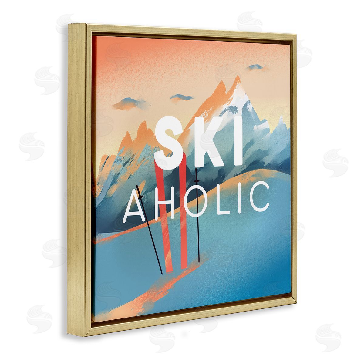 Ziwei Li Ski-Aholic Phrase Sunset Snowy Blue Mountains Winter Sport Gold Floating Frame Canvas Wall Art Print