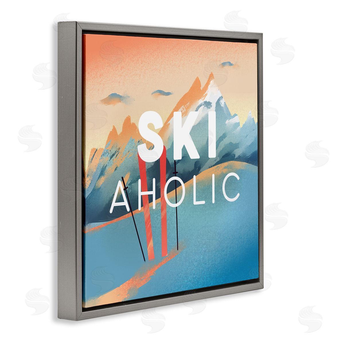 Ziwei Li Ski-Aholic Phrase Sunset Snowy Blue Mountains Winter Sport Gray Floating Frame Canvas Wall Art Print