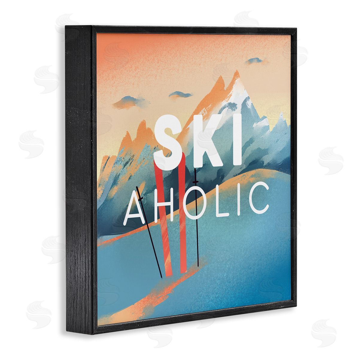Ziwei Li Ski-Aholic Phrase Sunset Snowy Blue Mountains Winter Sport Black Framed Glicee Wall Art Print
