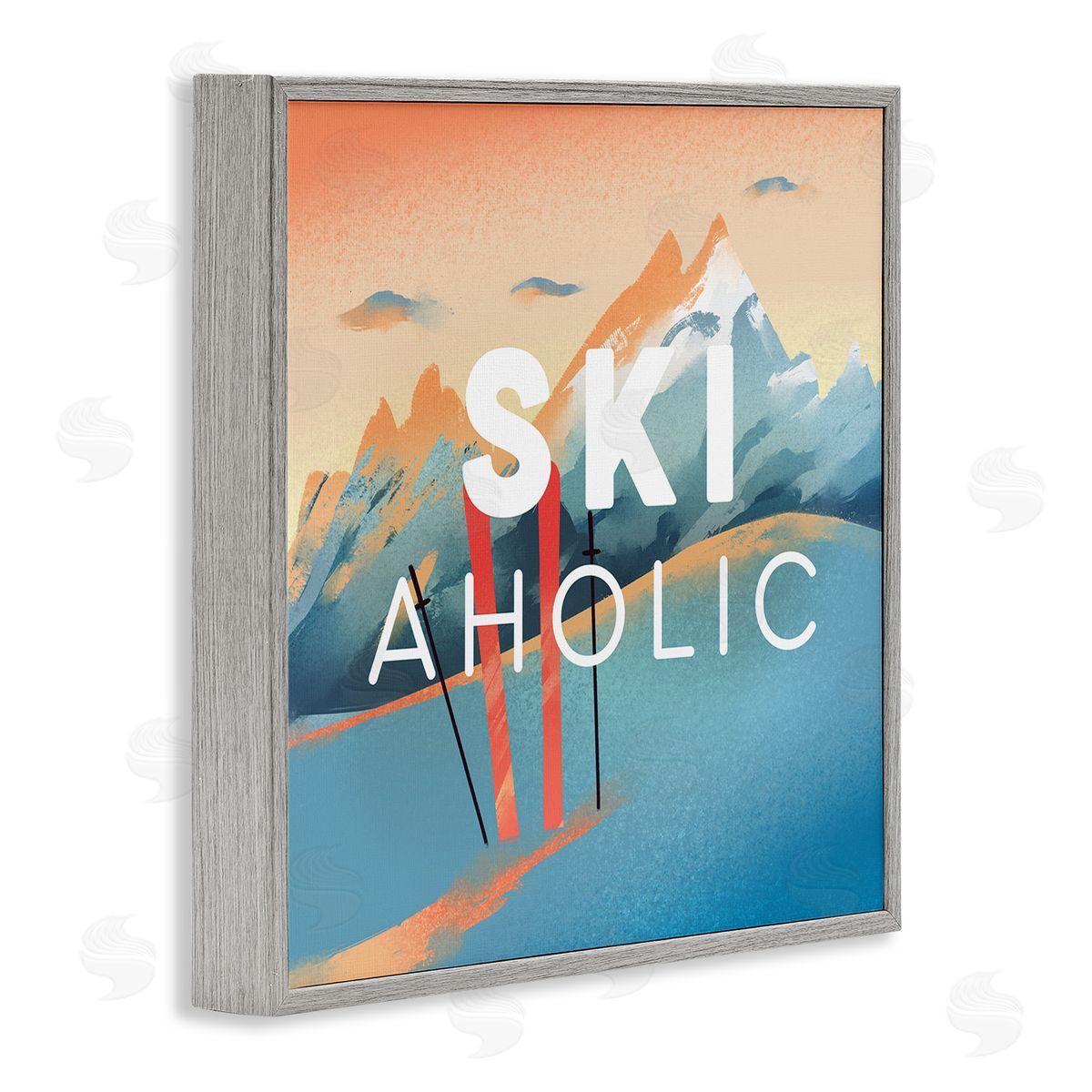 Ziwei Li Ski-Aholic Phrase Sunset Snowy Blue Mountains Winter Sport Gray Framed Glicee Wall Art Print