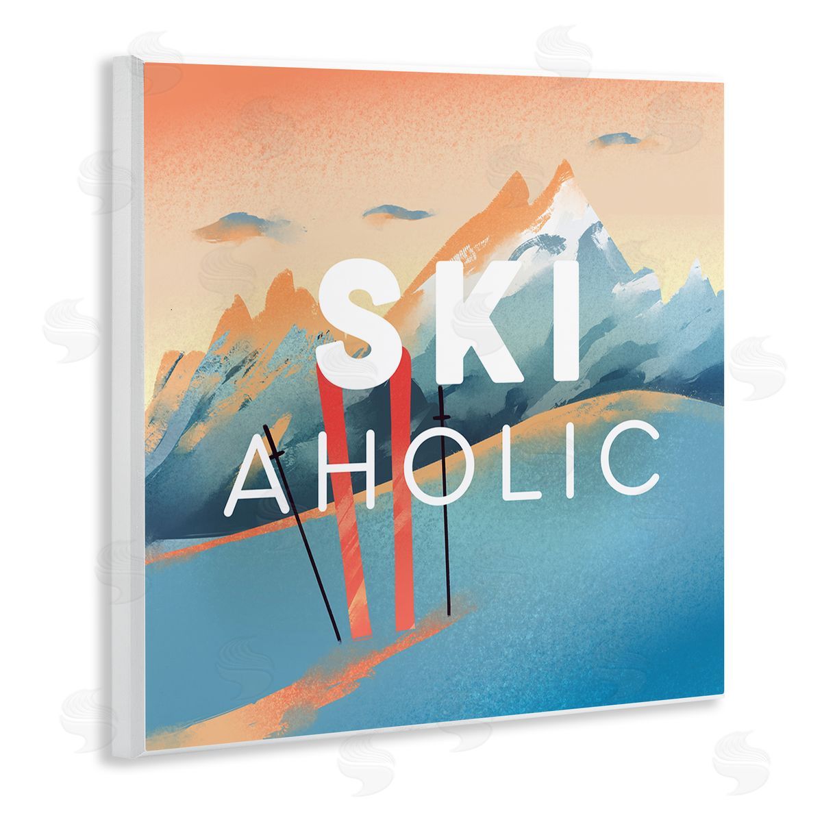 Ziwei Li Ski-Aholic Phrase Sunset Snowy Blue Mountains Winter Sport Wooden Wall Plaque Art Print