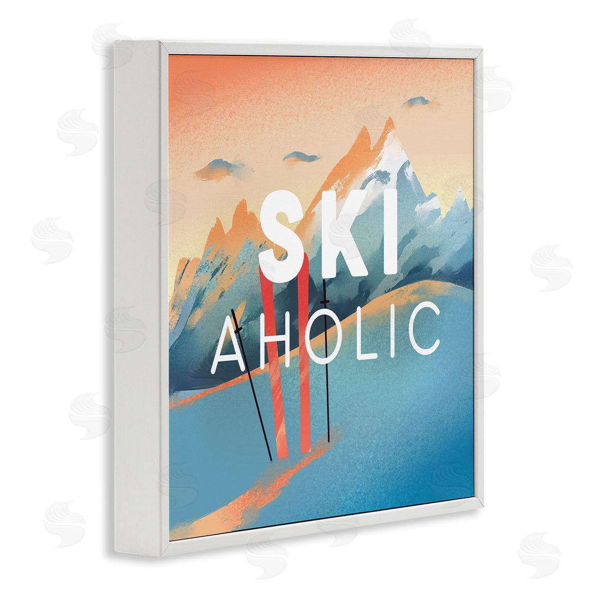 Ziwei Li Ski-Aholic Phrase Sunset Snowy Blue Mountains Winter Sport White Framed Glicee Wall Art Print
