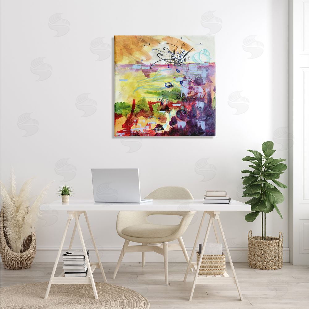 Heather W. Ernst Abstract Chaos Lively Line Movements Purple Orange Yellow Canvas Wall Art in Room
