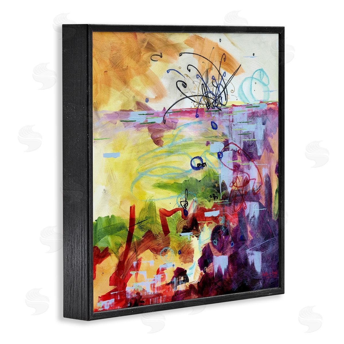 Heather W. Ernst Abstract Chaos Lively Line Movements Purple Orange Yellow Black Framed Glicee Wall Art Print