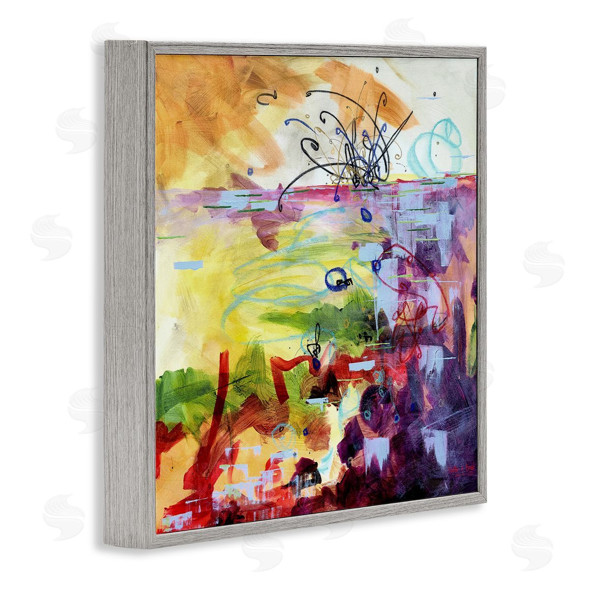 Heather W. Ernst Abstract Chaos Lively Line Movements Purple Orange Yellow Gray Framed Glicee Wall Art Print
