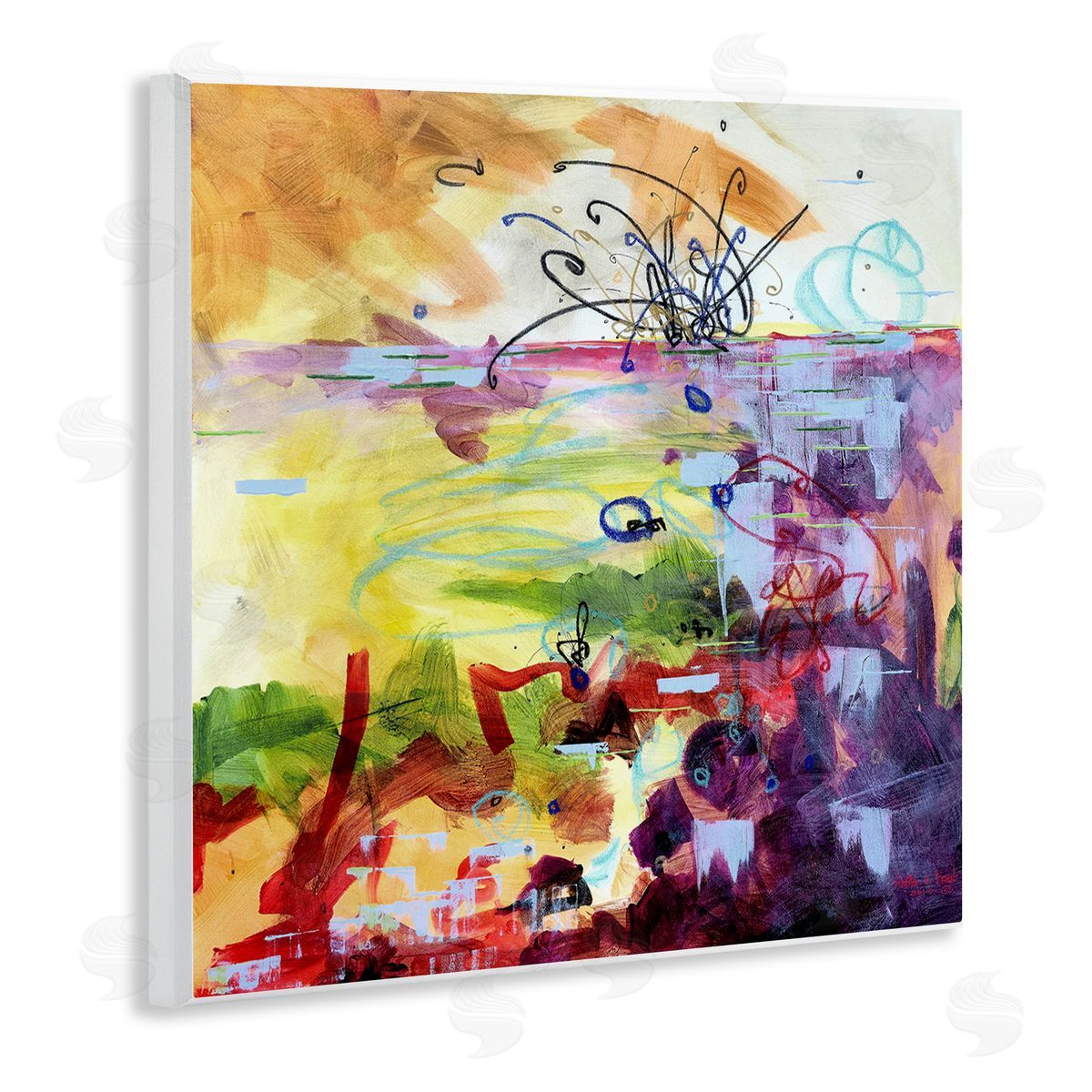 Heather W. Ernst Abstract Chaos Lively Line Movements Purple Orange Yellow Wooden Wall Plaque Art Print