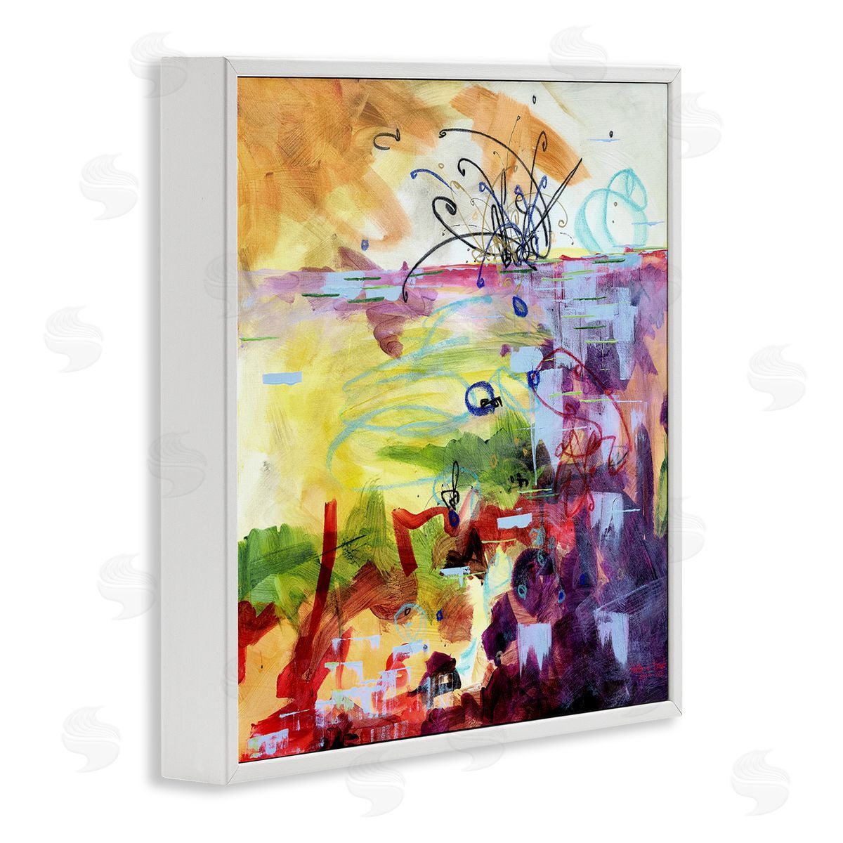 Heather W. Ernst Abstract Chaos Lively Line Movements Purple Orange Yellow White Framed Glicee Wall Art Print