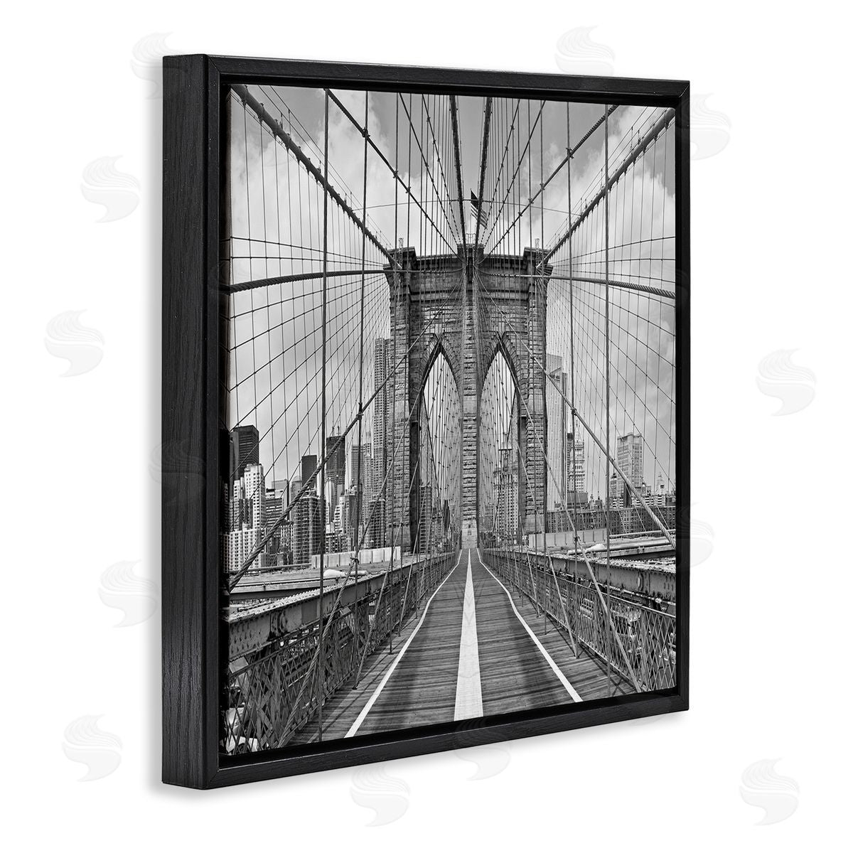 Shelley Lake Brooklyn Bridge Black White Industrial Landscape City Architecture Black Floating Frame Canvas Wall Art Print