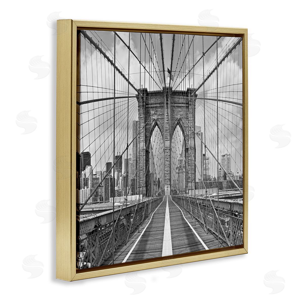 Shelley Lake Brooklyn Bridge Black White Industrial Landscape City Architecture Gold Floating Frame Canvas Wall Art Print