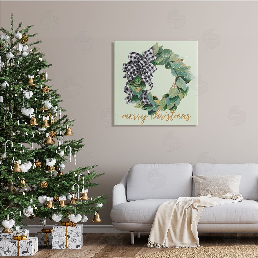Patricia Pinto Green Leaf Wreath Merry Christmas Phrase Plaid Bow Canvas Wall Art in Room