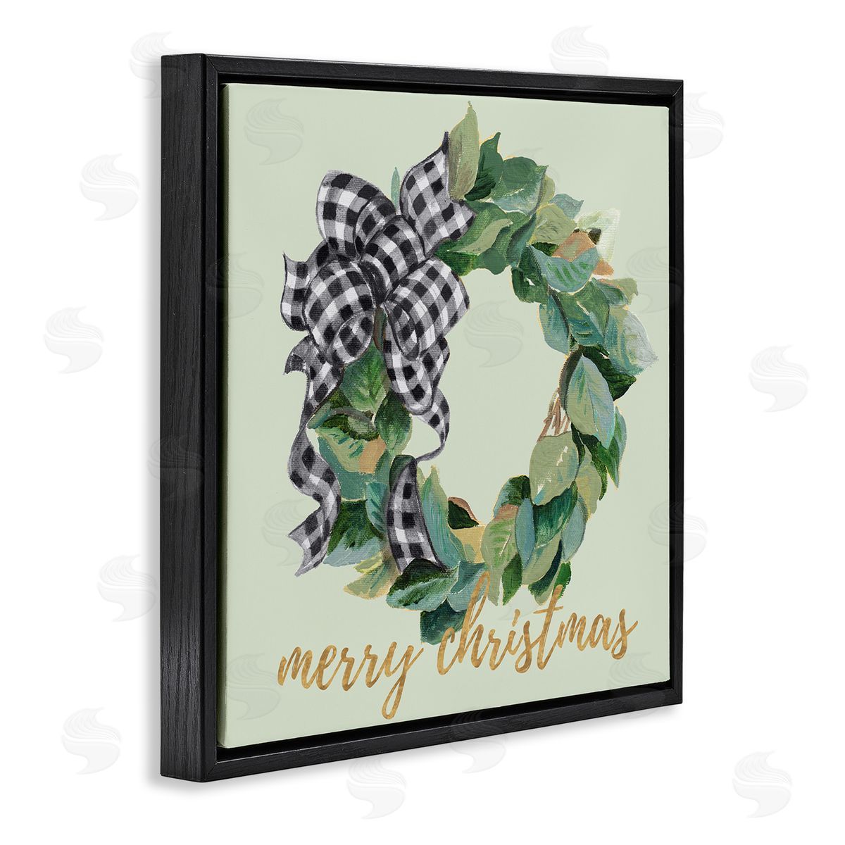 Patricia Pinto Green Leaf Wreath Merry Christmas Phrase Plaid Bow Black Floating Frame Canvas Wall Art Print