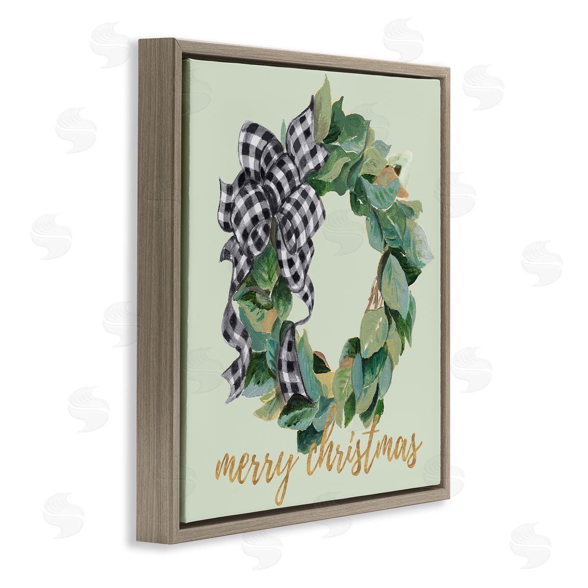 Patricia Pinto Green Leaf Wreath Merry Christmas Phrase Plaid Bow Brown Floating Frame Canvas Wall Art Print