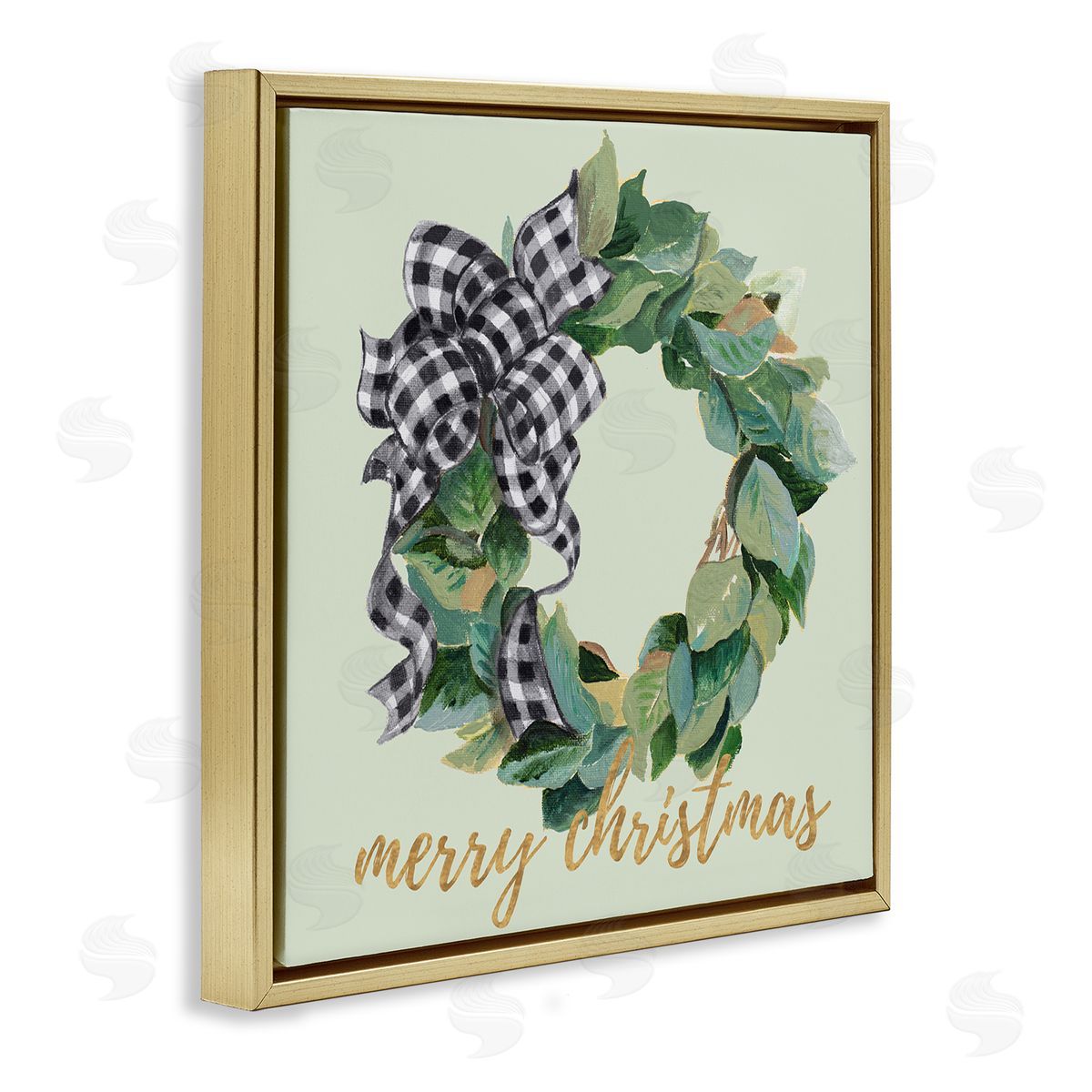 Patricia Pinto Green Leaf Wreath Merry Christmas Phrase Plaid Bow Gold Floating Frame Canvas Wall Art Print