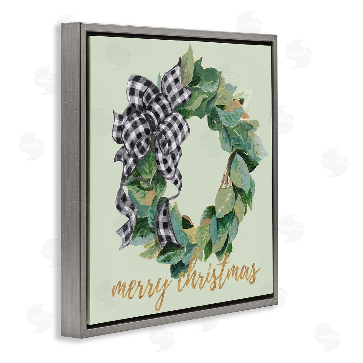 Patricia Pinto Green Leaf Wreath Merry Christmas Phrase Plaid Bow Gray Floating Frame Canvas Wall Art Print