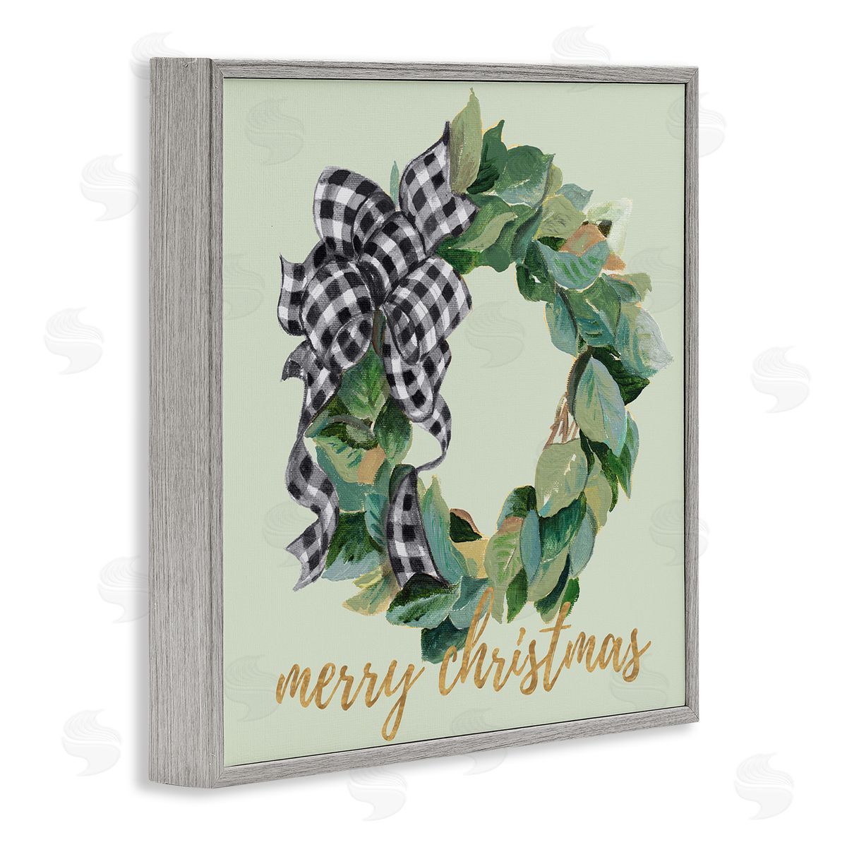 Patricia Pinto Green Leaf Wreath Merry Christmas Phrase Plaid Bow Gray Framed Glicee Wall Art Print