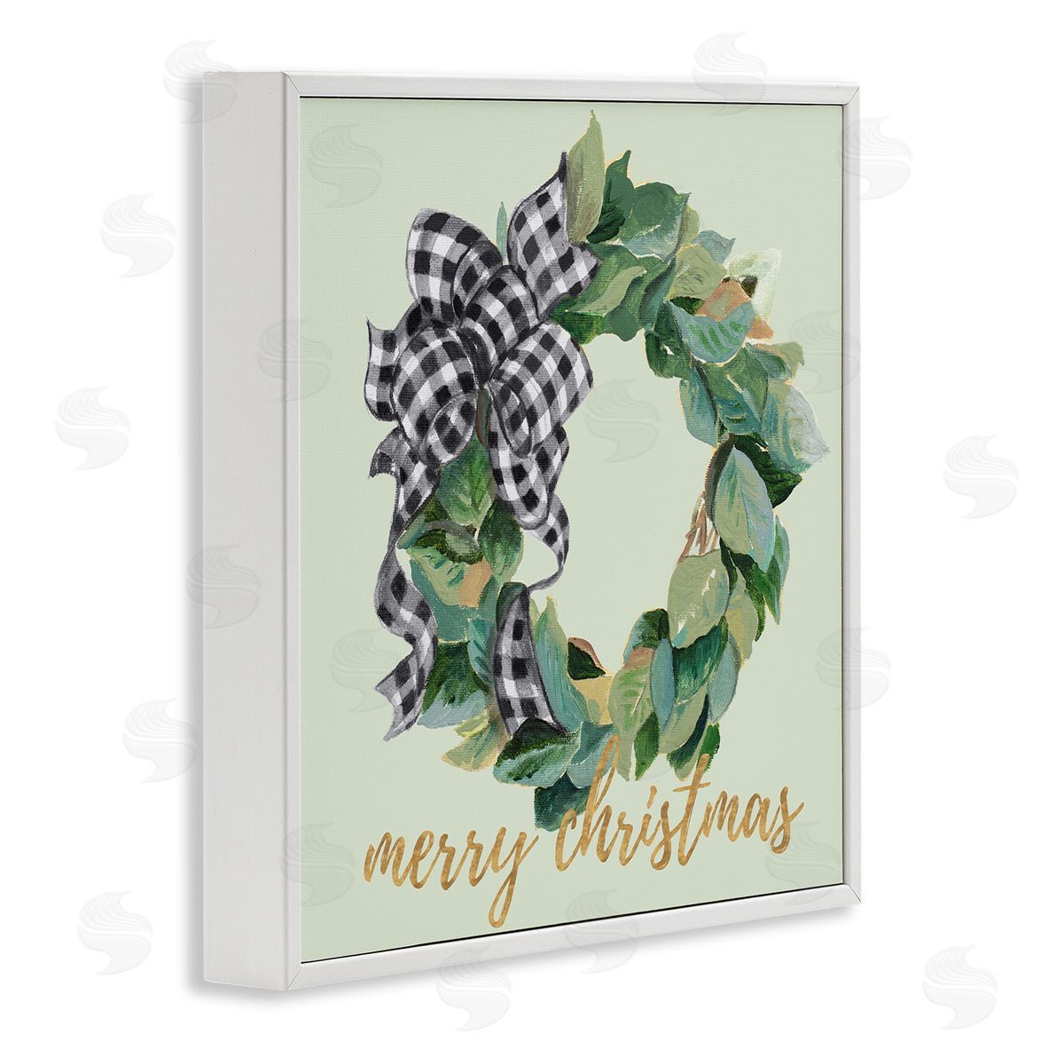 Patricia Pinto Green Leaf Wreath Merry Christmas Phrase Plaid Bow White Framed Glicee Wall Art Print