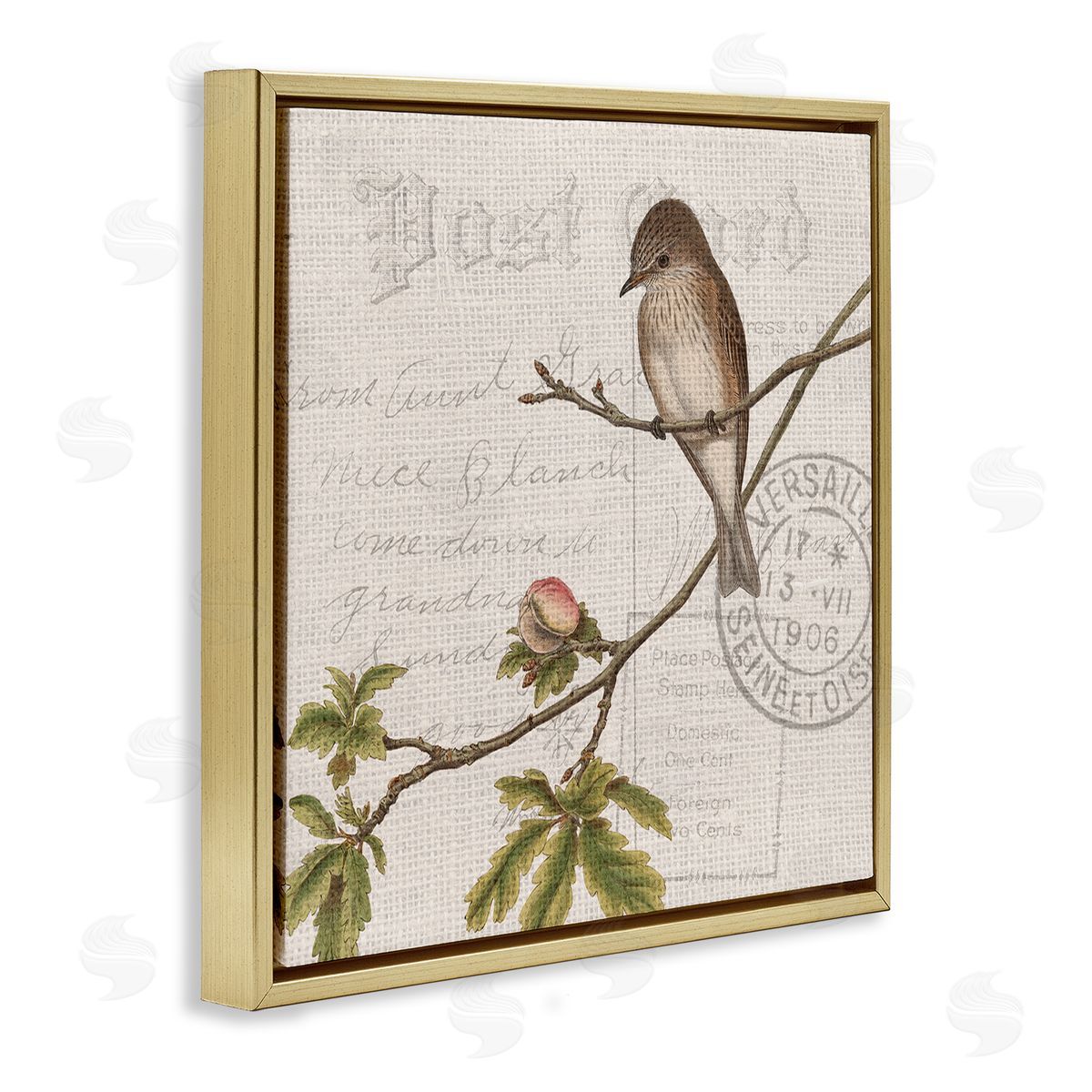 Kim Allen Song Bird Tree Branch Vintage Postal Card Pattern Gold Floating Frame Canvas Wall Art Print