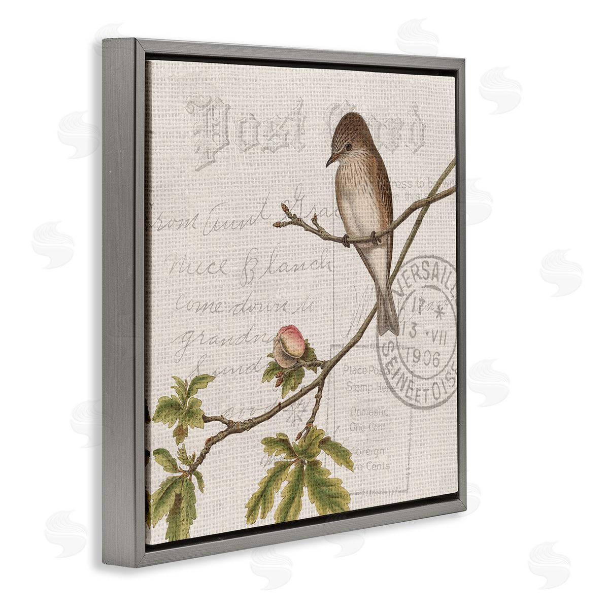 Kim Allen Song Bird Tree Branch Vintage Postal Card Pattern Gray Floating Frame Canvas Wall Art Print
