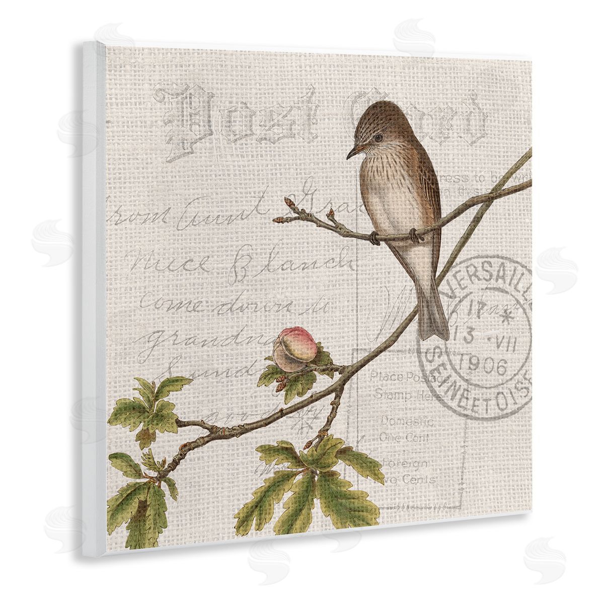 Kim Allen Song Bird Tree Branch Vintage Postal Card Pattern Wooden Wall Plaque Art Print