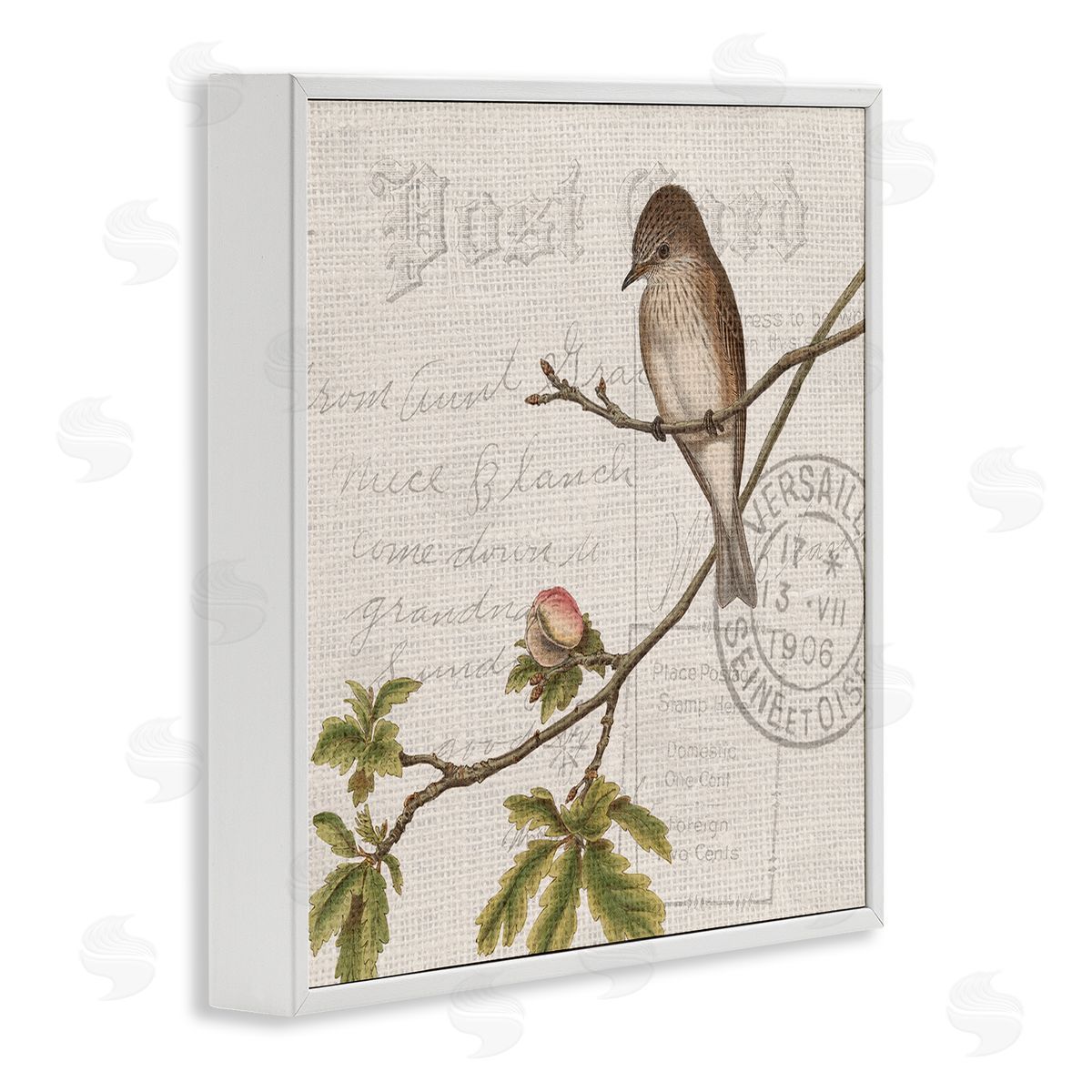 Kim Allen Song Bird Tree Branch Vintage Postal Card Pattern White Framed Glicee Wall Art Print