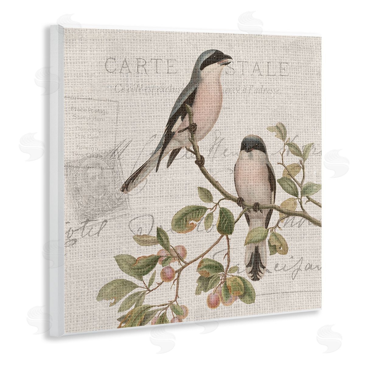 Kim Allen Summer Birds Tree Branch Antique European Postal Pattern Wooden Wall Plaque Art Print