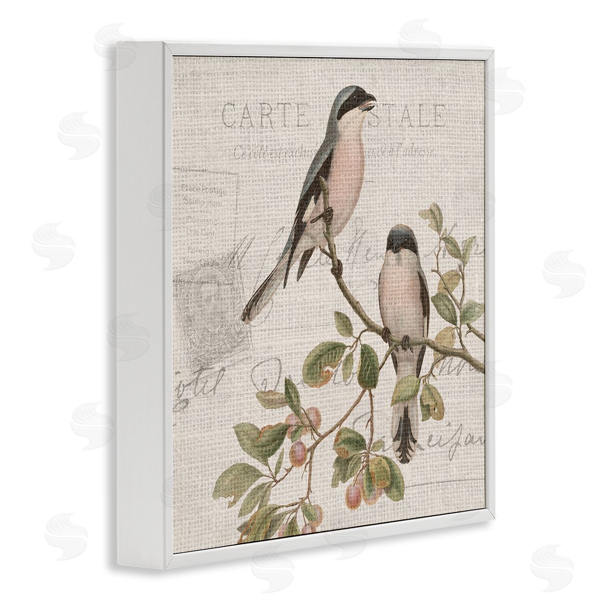 Kim Allen Summer Birds Tree Branch Antique European Postal Pattern White Framed Glicee Wall Art Print