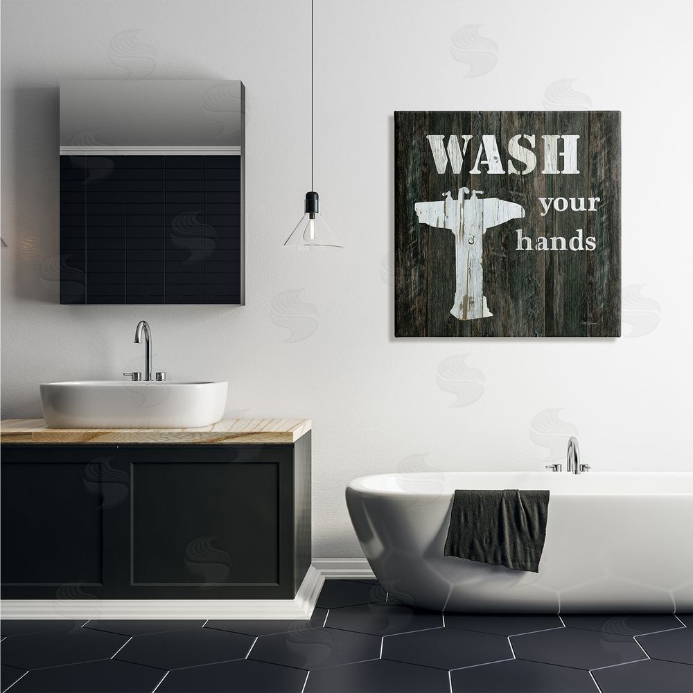Carol Robinson Wash Your Hands Phrase Rustic Bathroom Sink Canvas Wall Art in Room
