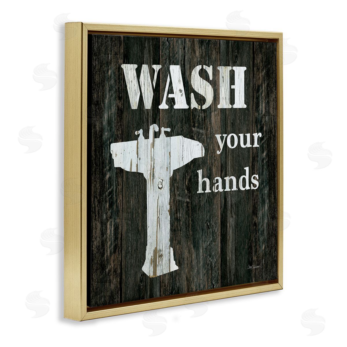 Carol Robinson Wash Your Hands Phrase Rustic Bathroom Sink Gold Floating Frame Canvas Wall Art Print