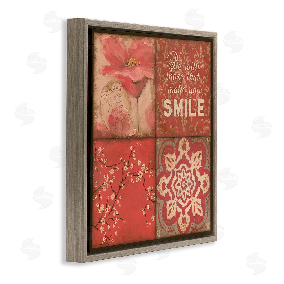 Stephanie Workman Marrott Make You Smile Phrase Vintage Red Parisian Patterns Brown Floating Frame Canvas Wall Art Print