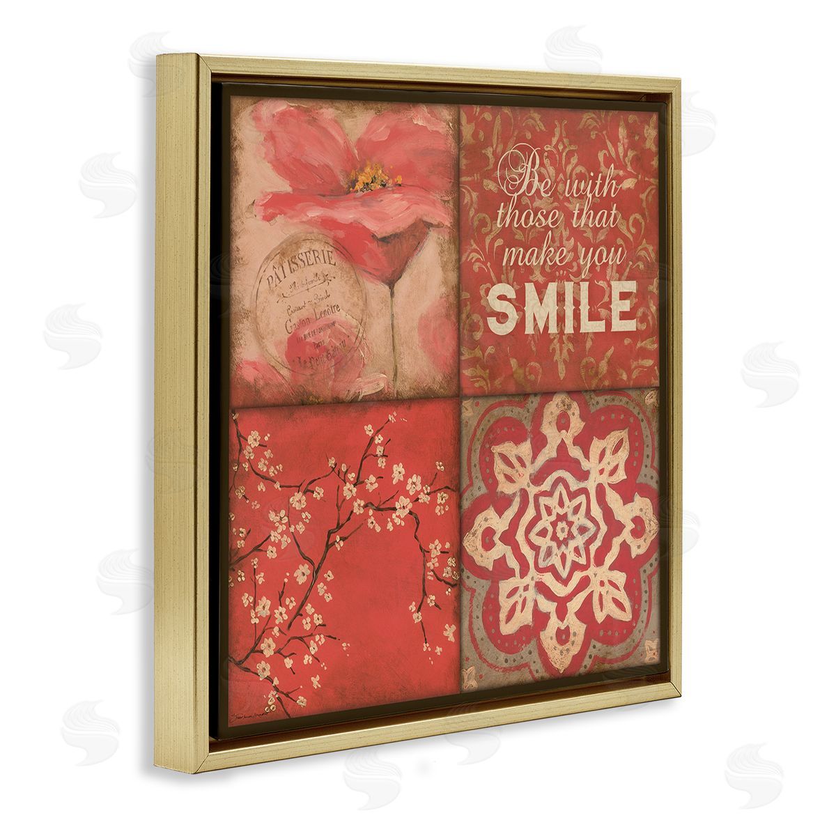 Stephanie Workman Marrott Make You Smile Phrase Vintage Red Parisian Patterns Gold Floating Frame Canvas Wall Art Print