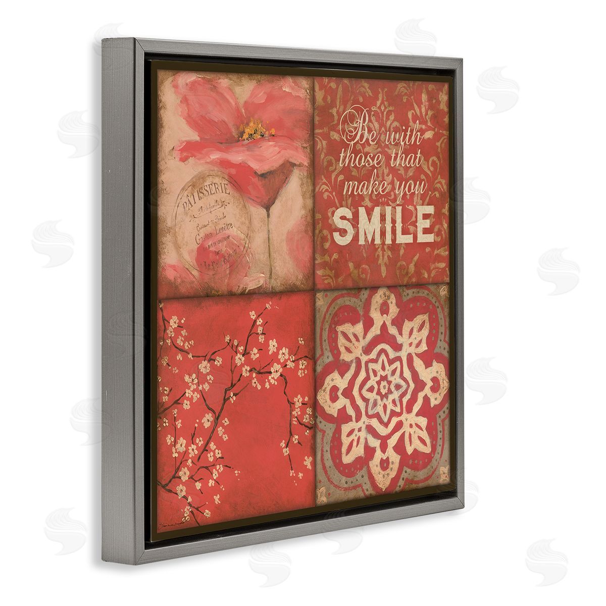 Stephanie Workman Marrott Make You Smile Phrase Vintage Red Parisian Patterns Gray Floating Frame Canvas Wall Art Print