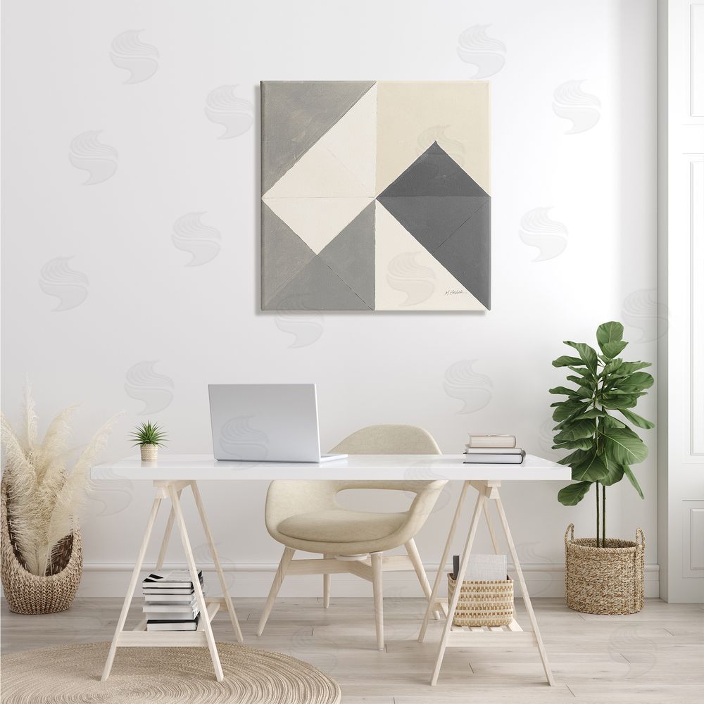 Mike Schick Vintage Geometric Shapes Abstract Arrangement Beige Grey Canvas Wall Art in Room