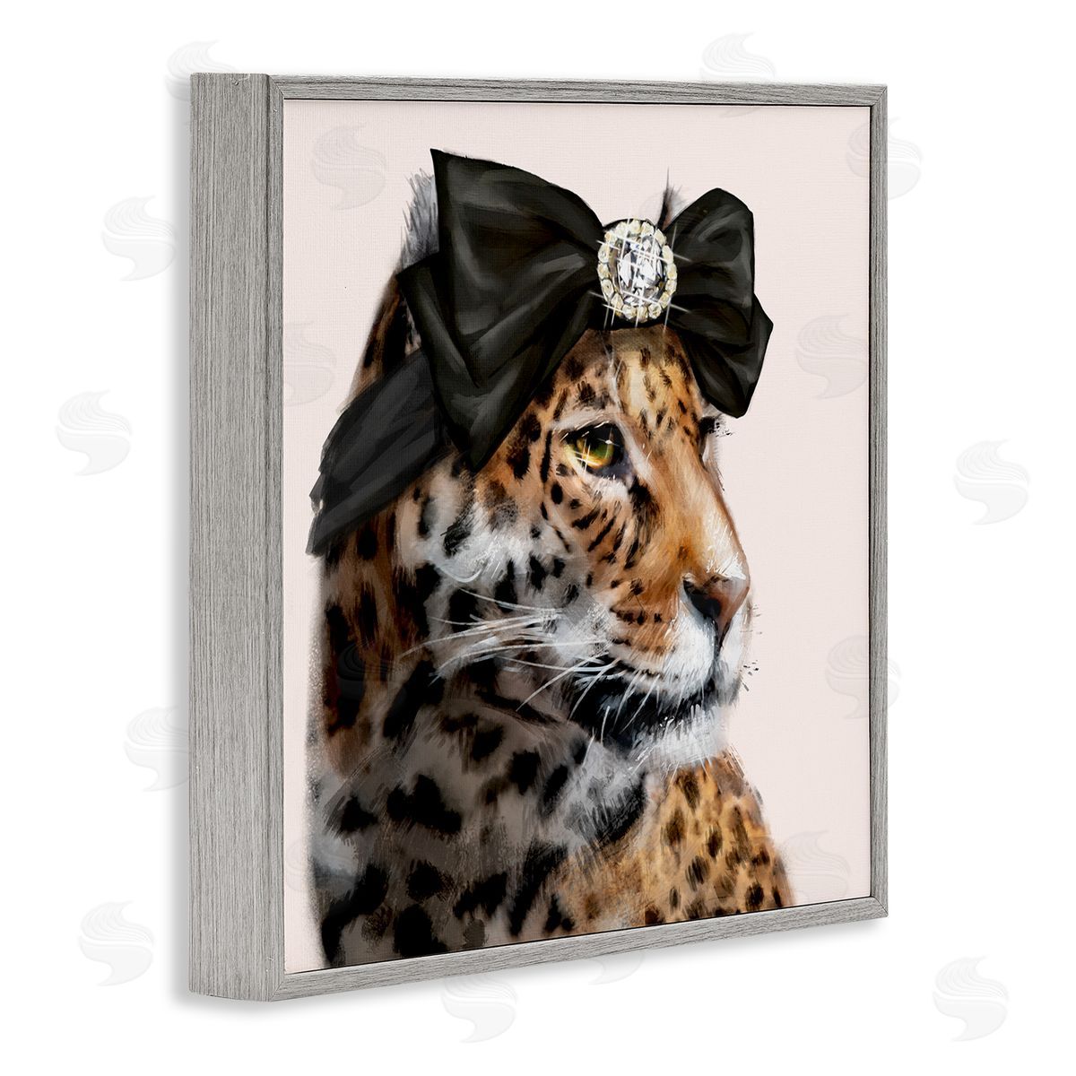 Ziwei Li Glam Leopard Fancy Hair Bow Safari Animal Fashion Gray Framed Glicee Wall Art Print