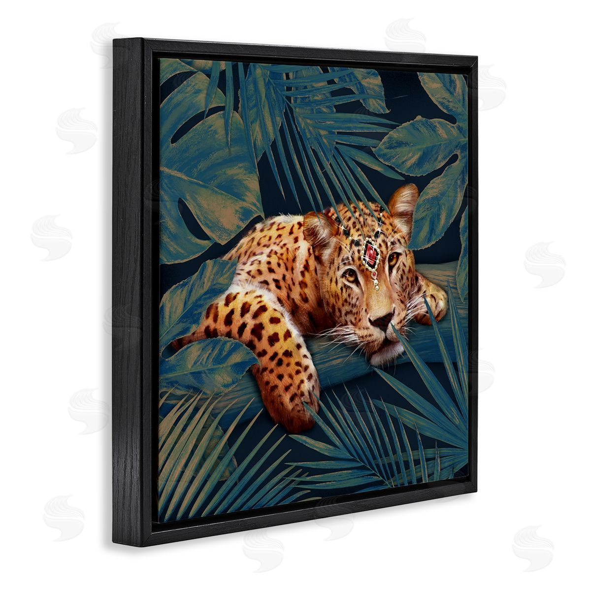 Tropical Leopard with Glitz Gem Black Floating Frame Canvas Wall Art, Home Decor by Ziwei Li