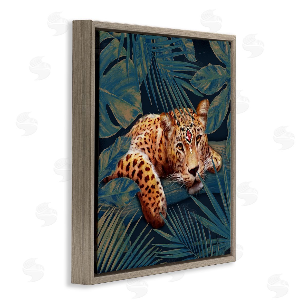 Tropical Leopard with Glitz Gem Brown Floating Frame Canvas Wall Art, Home Decor by Ziwei Li